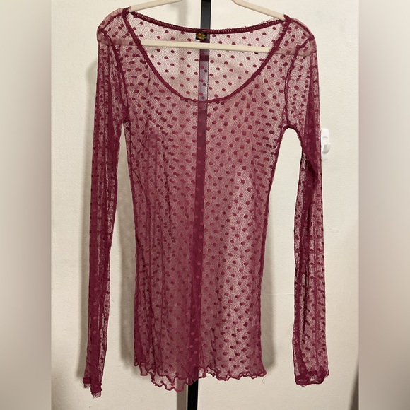 Poof Vintage Y2K Women's Pink Shirt Sheer Burgundy Polka Dot Top - Picture 12 of 12